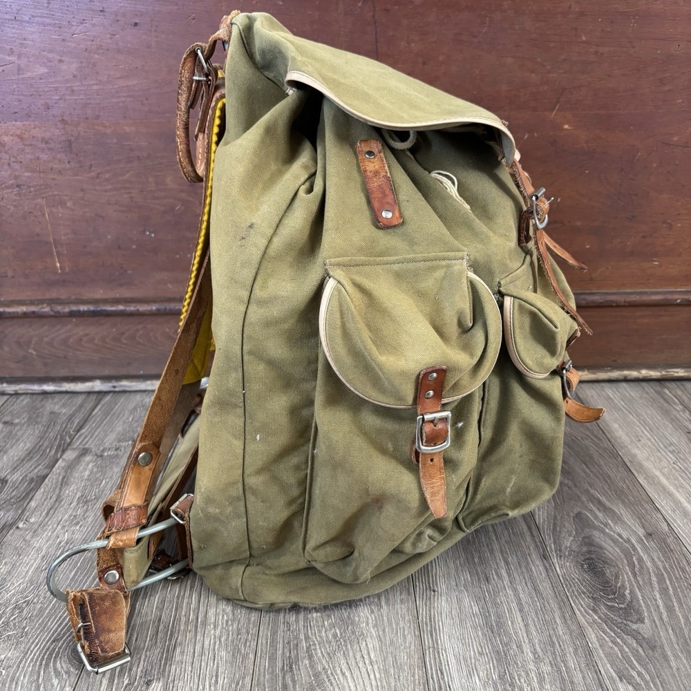 Vintage Rare Army Military Metal Framed Canvas Leather Backpack Ruck Sack - Picture 2 of 16